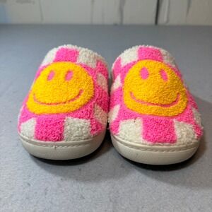 Pink White Checkered Smiley Face Fuzzy Slippers Cozy Plush Slides Women Size‎ M
